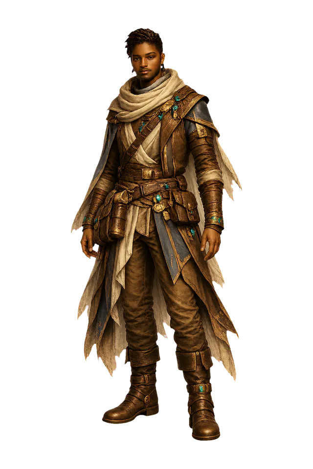 Amani, a full-body Anzania expedition guide in layered amber and teal fieldwear.